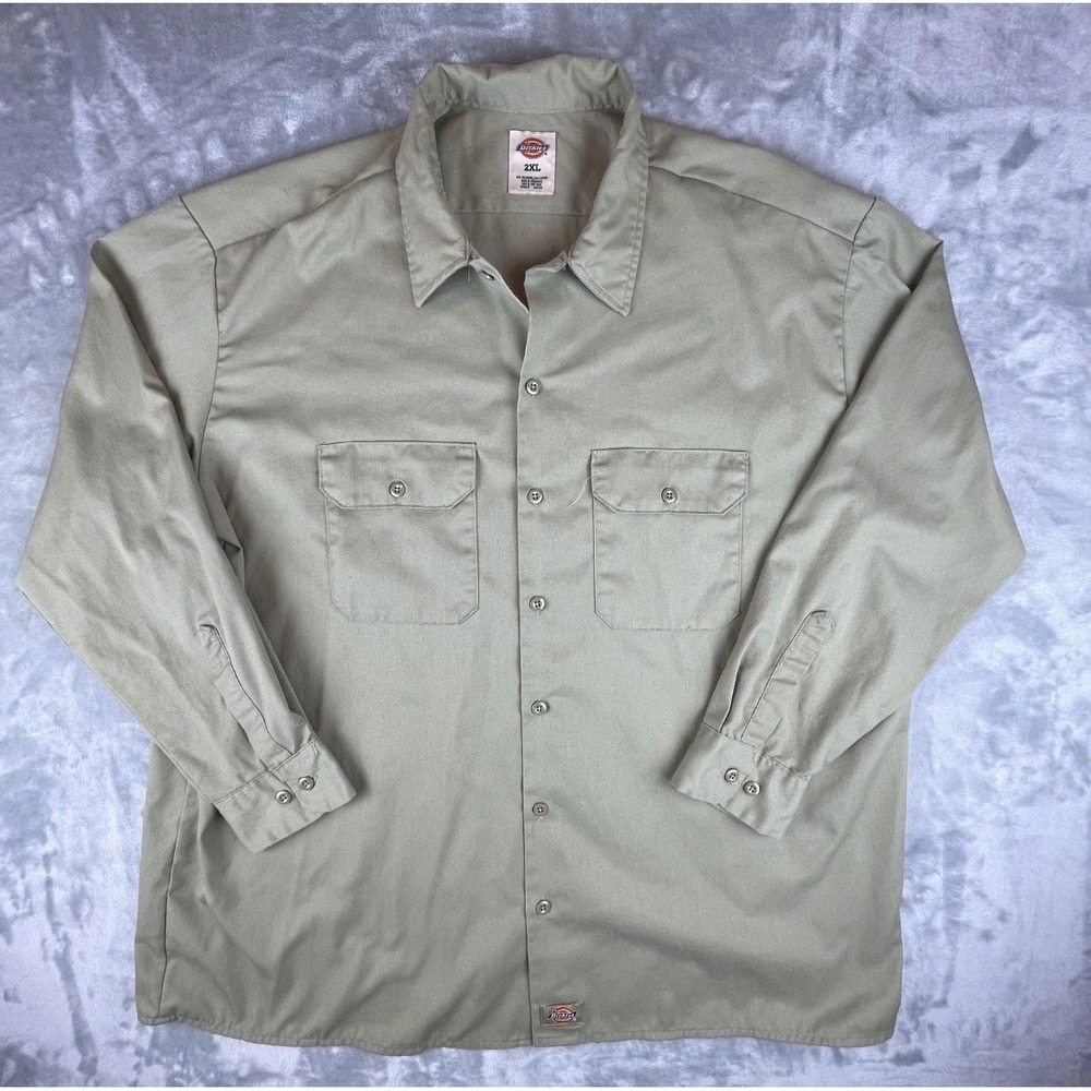 Dickies Work Shirt Mens 2XL Khaki Tan Long Sleeve Button Down Twill Excellent